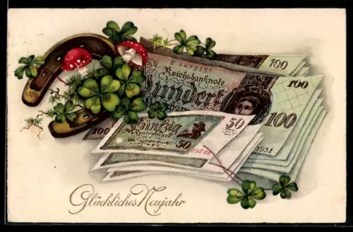 AK Geldscheine mit Hufeisen u. Glücksklee, Fliegenpilze, Neujahrsgruss