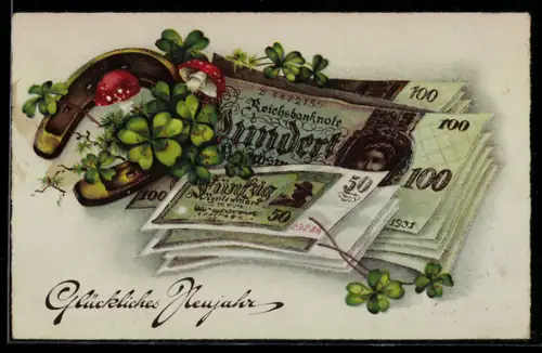 AK Banknoten mit Hufeisen u. Glücksklee, Fliegenpilze, Nerujahrsgruss