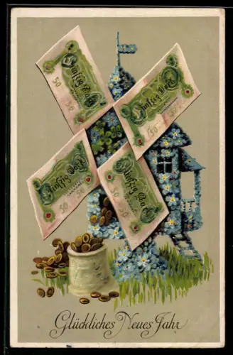 AK Blumenbild einer Windmühle welche Geld mahlt