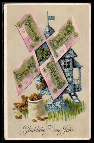 AK Blumenbild einer Windmühle welche Geld mahlt