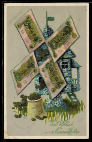 AK Blumenbild einer Windmühle welche Geld mahlt