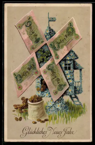 AK Blumenbild einer Windmühle welche Geld mahlt