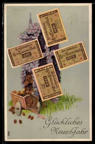 AK Mühle mit Blumen und Geldscheinen, Wagen mit Münzen, Neujahrsgruss
