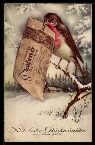 AK Rotkehlchen mit Tausendmarkschein auf einem Zweig, Schnee, Neujahrsgruss