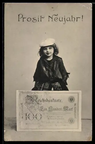 AK Kind mit 100-Mark-Banknote, Neujahrsgruss