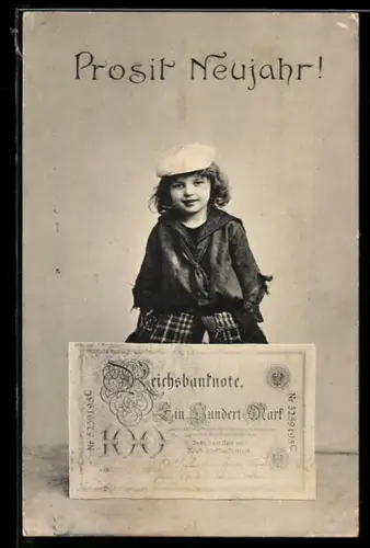 AK Kleines Mädchen präsentiert eine 100-Mark-Banknote, Neujahrsgruss