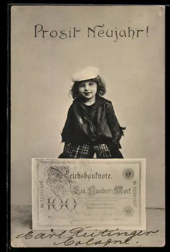 AK Kleines Mädchen mit Mütze präsentiert eine 100-Mark-Banknote, Neujahrsgruss