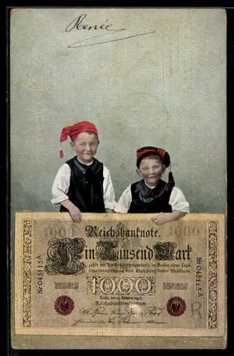 AK Kleine Zipfelmützenträger präsentieren eine 1000-Mark-Banknote