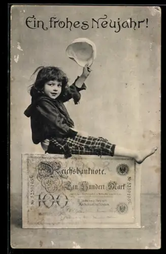 AK Kleiner Junge präsentiert eine 100-Mark-Banknote, Neujahrsgruss