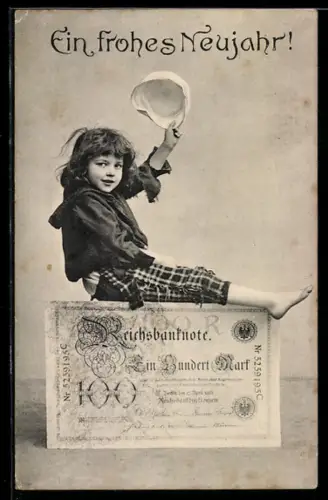 AK Neujahrsgruss, Kind auf Reichsbanknote