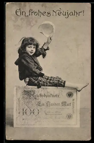 AK Neujahrsgruss, Kind auf Reichsbanknote