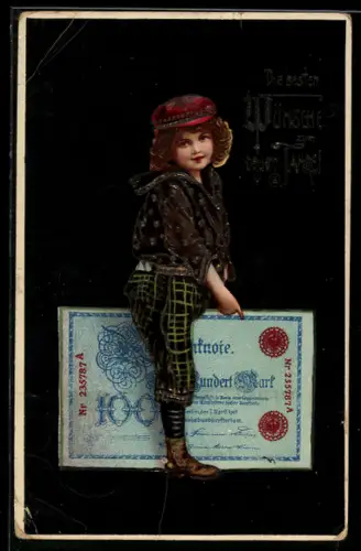 AK Kleines Mädchen rittlings auf einer Hundert Mark-Banknote, Neujahrsgruss