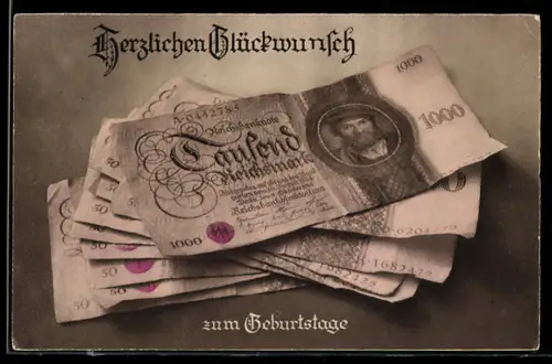 AK Geldscheine mit Geburtstagsgruss, 1000 und 50 Reichsmark