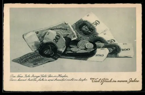 AK Geldbörse, Geldscheine, Münzen, Neujahrsgruss