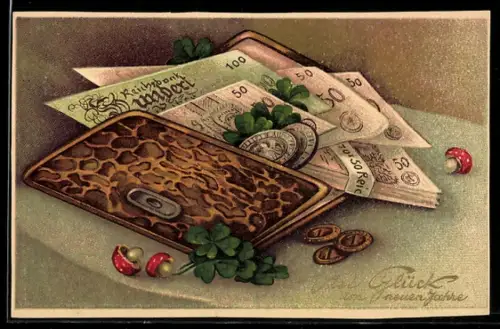 AK Reichsbank-Noten und Münzen, Kleeblatt, Pilze