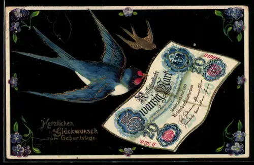 AK Schwalben mit einem Geldschein und Blumen