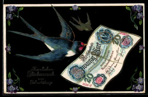 AK Schwalbe im Fluge mit 20-Mark-Geldschein im Schnabel