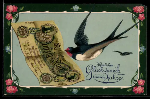 AK Schwalbe im Fluge mit 50-Mark-Geldschein im Schnabel