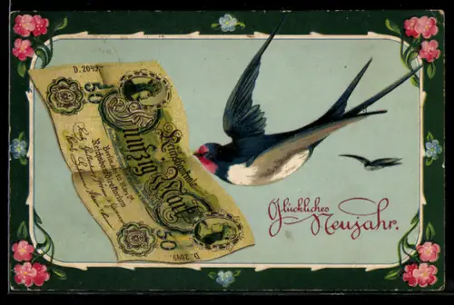 AK Fünfzig-Mark-Schein und Schwalbe