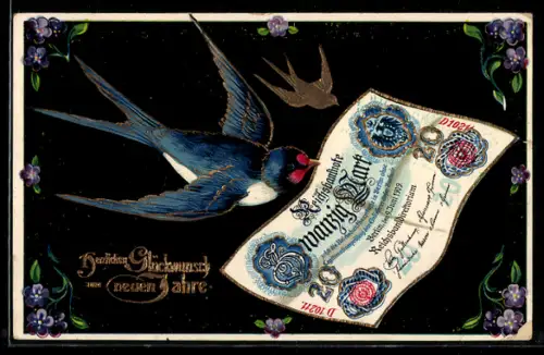 AK Schwalbe mit 20-Mark-Geldschein im Schnabel