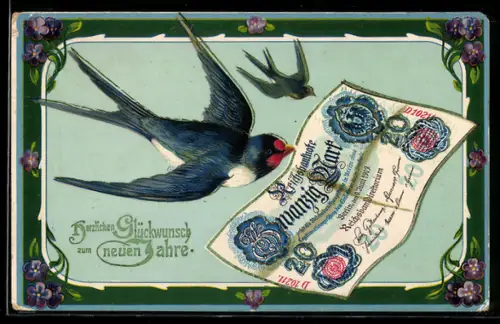 AK Schwalbe mit einem 20 Mark Geldschein im Schnabel, Neujahrsgruss