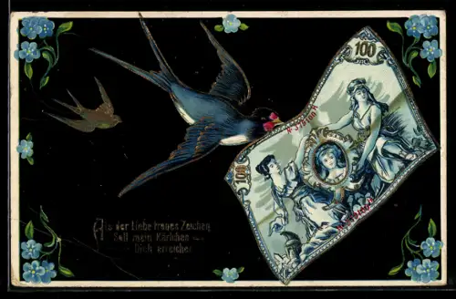 AK Schwalbe mit Geld im Wert von 100 Mark im Schnabel