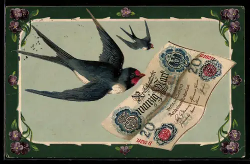 AK Schwalbe hält eine Reichsbanknote über 20 Mark im Schnabel, Prosit Neujahr