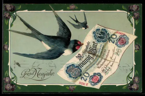AK Schwalbe hält eine Reichsbanknote über 20 Mark im Schnabel, Prosit Neujahr