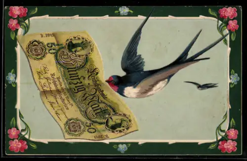 Künstler-AK Schwalbe mit Fünfzig-Mark-Schein