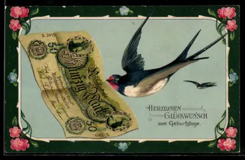 AK Fünfzig-Mark-Schein und Schwalbe