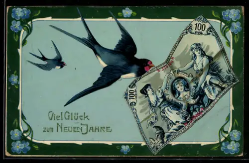 AK Glückliches Neujahr, Schwalbe mit Geldschein im Schnabel