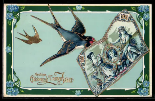 AK Glückliches Neujahr, Schwalbe mit Geldschein im Schnabel
