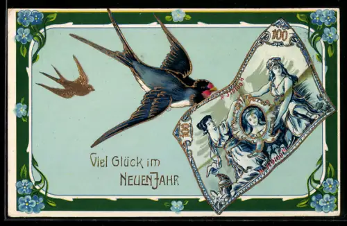 AK Glückliches Neujahr, Schwalbe mit Geldschein im Schnabel