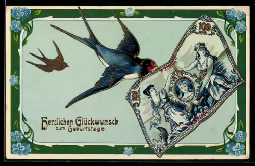 AK Glückliches Neujahr, Schwalbe mit Geldschein im Schnabel