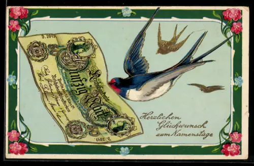 Künstler-AK Schwalbe mit Fünfzig-Mark-Schein