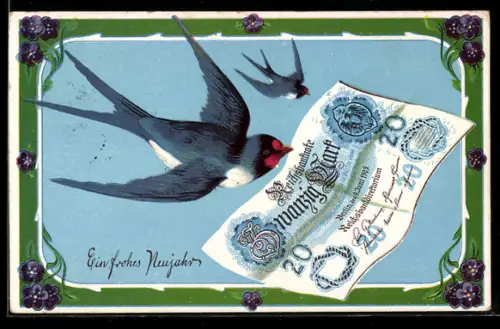 AK Schwalbe mit einem 20 Mark Geldschein im Schnabel, Neujahrsgruss