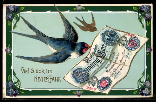 AK Schwalbe mit einem 20 Mark Geldschein im Schnabel, Neujahrsgruss