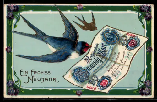 AK Schwalbe mit einem 20 Mark Geldschein im Schnabel, Neujahrsgruss