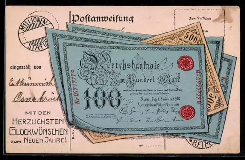 AK Postanweisung, Reichsbanknoten über 100 Mark, Geld
