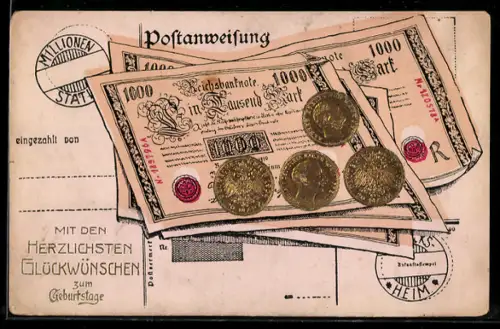 AK Geld, 1000-Mark-Scheine und 20-Mark-Münzen