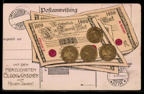 AK Geld, 1000-Mark-Scheine und 20-Mark-Münzen