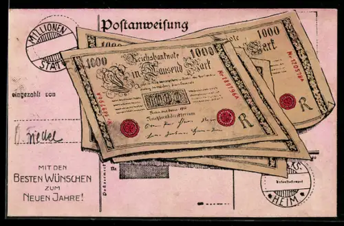 AK Postanweisung, Reichsbanknoten über 1000 Mark, Geld