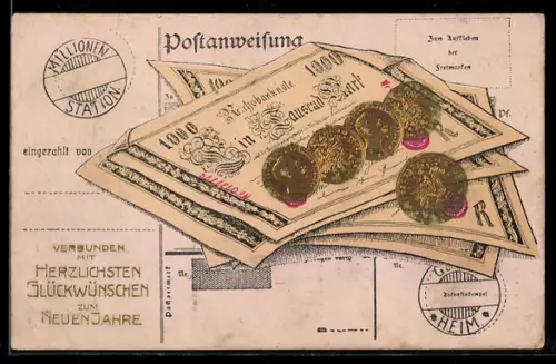 AK Postanweisung, 1000-Mark-Scheine, Münzen, Neujahrsgruss