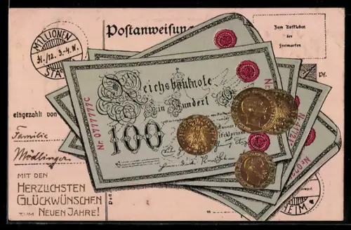 AK Reichsbanknoten über 100 Mark und Goldmünzen, Geld