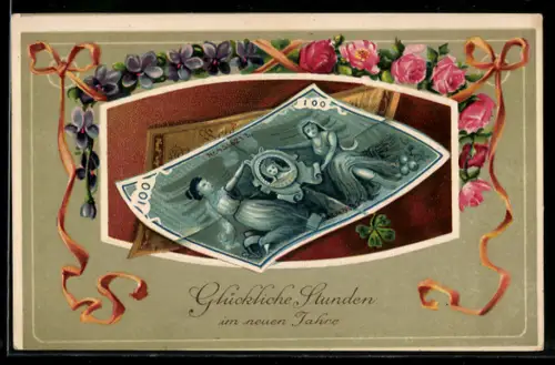 AK Geldschein über 100 Mark mit Veilchen- und Rosen-Umrahmung