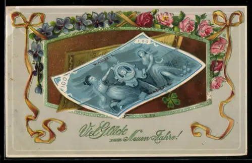 AK Geldschein wird von Blumen und Schleifen eingerahmt, Die besten Wünsche zum Geburtstag!