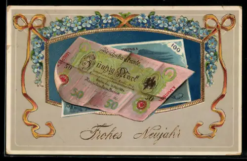 AK Reichsbanknote zu 50 und 100 Mark und Neujahrswünsche, Geld
