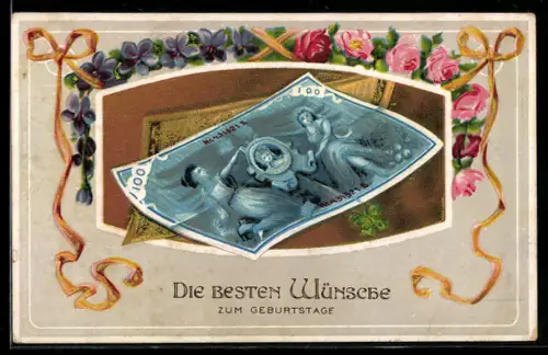 AK Geldschein über 100 Mark mit Veilchen- und Rosen-Umrahmung