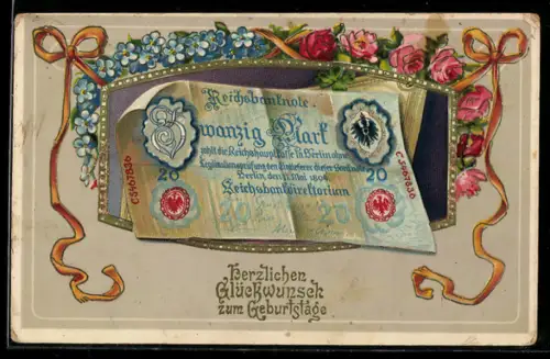 AK Reichsbanknote zu 20 Mark mit Veilchen- und Rosen-Umrahmung, Geld