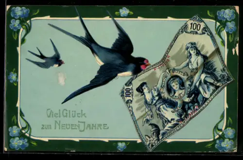 AK Glückliches Neujahr, Schwalbe mit Geldschein im Schnabel